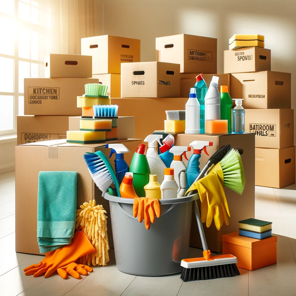 Boxes and supplies ready for a move‑out cleaning in Parker CO.